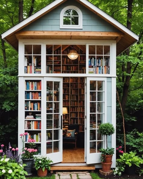 Reading Shed Ideas, Garden Library Shed, Outdoor Library Ideas, Outdoor Reading Space, Home Library Nook, Library Greenhouse, Reading Cottage, Reading Shed, Book Shed