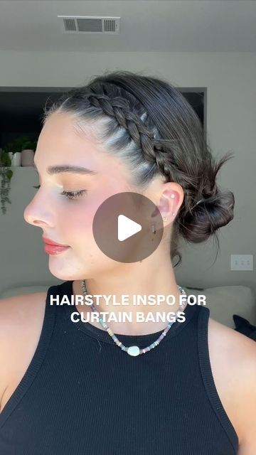 ashley seamour on Instagram: "Braids have been my fav way to keep my bangs out of my face as of late 🫶🏼 stay tuned for more hairstyles for curtain bangs ✨  Using @daehair styling cream 💖" Braid Hairstyles With Curtain Bangs, Braided Hairstyles Curtain Bangs, Braided Hairstyles With Curtain Bangs, Braids With Curtain Bangs Out, Curtain Bangs French Braids, How To Hide Curtain Bangs, Hairstyles To Keep Bangs Out Of Face, Hide Bangs Hairstyle, Braided Bangs Hairstyles