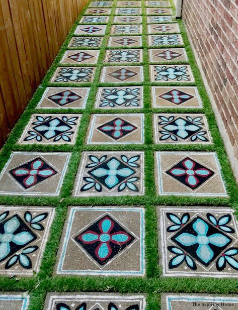 Easy Update For Concrete Pavers! -- Painted pavers and artificial turf. Concrete Pavers Diy, Painted Concrete Patio, Elegant Tile Flooring, Paint Concrete Patio, Stepping Stone Walkways, Stencil Concrete, Painted Pavers, Pavers Diy, Painted Concrete