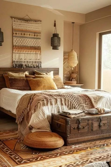 Bedroom Earth Tones, Earth Tones Bedroom, Bohemian Chic Home, Boho Style Decor, Earthy Hues, Mexican Home Decor, Sanctuary Bedroom, Eclectic Bedroom, Bedroom Color