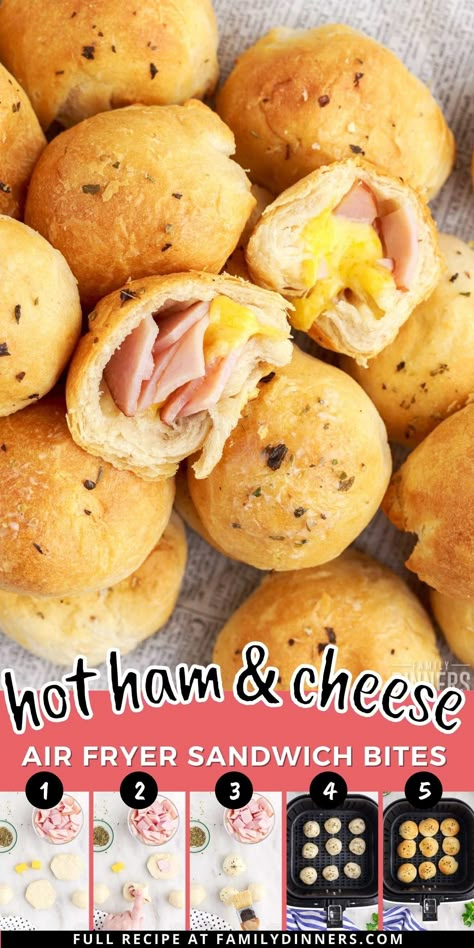 Biscuit Sandwiches Air Fryer, Mini Ham And Cheese Sandwiches, Easy Weeknight Dinners Healthy Air Fryer, Air Fryer Sandwich Recipes, Ham And Cheese Slider, Ham And Cheese Bites, Air Fryer Ham, Sandwich Bites, Tavern Food