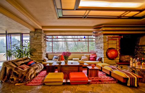 Cushions and Pillows - Fallingwater Living Room Interior (Frank Lloyd Wright) Fallingwater Interior, Fallingwater Frank Lloyd Wright, Frank Lloyd Wright Interior, Fallingwater House, Falling Water Frank Lloyd Wright, Falling Water House, Lloyd Wright Architecture, Frank Lloyd Wright Buildings, Frank Lloyd Wright Architecture