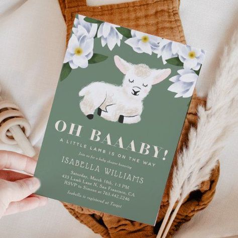 Baby Shower Party Idea Template Gender Neutral Party Themes, Gender Neutral Invitations, Cute Gender, Baby Lamb Baby Shower, Gender Neutral Baby Shower Invitations, Baby Sheep, Gender Neutral Baby Shower, Magnolia Flower, Neutral Baby Shower