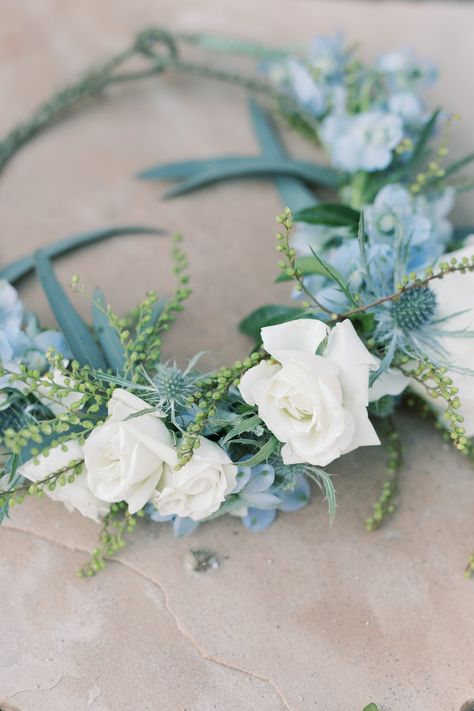 White and blue Flower crown perfect for a maternity photoshoot if someone is having a boy! Flower Hairband Wedding, Baby Shower Flower Crown, Blue Flower Crown Wedding, Blue And White Flower Crown, Summer Blue Headpiece With Handmade Flowers, Elegant Blue Headpiece With Handmade Flowers, Blue Flower Headband, Pale Blue Wedding, Blue Flower Crown