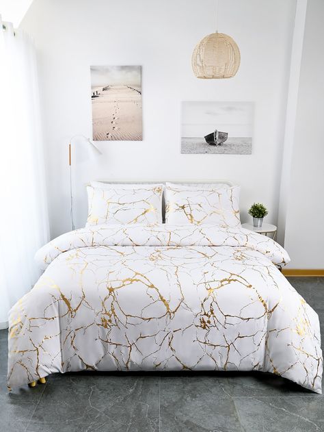 Marble Pattern Duvet Cover Sets Without Filler Teen Room Bed, Gold Bed Sheet, Marble Comforter Bedroom, Gold Sheets And Bedding Teen, Shein Duvet Cover With Oranges, Bed Setting, Duvet Bed, Marble Duvet Cover, Pattern Duvet Cover