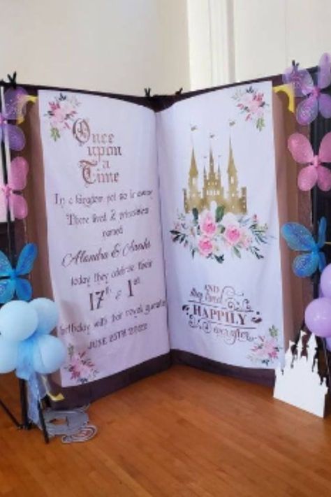 A display picture of a Storybook backdrop Fairytale Quinceanera, Once Upon A Time Backdrop, Fairytale Birthday Theme, Fairytale Party Theme, Fairytale Party Decorations, Disney Princess Backdrop, Storybook Backdrop, Princess Castle Backdrop, Princess Theme Party Decorations