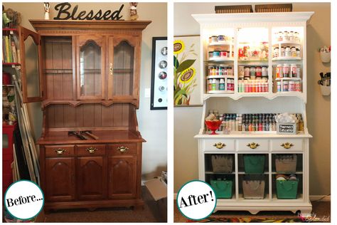 Turn an outdated hutch into a craft supply storage center Antique Hutch, Craft Supply Storage, Storage Center, Dream Craft Room, Craft Room Design, Sewing Room Organization, Scrapbook Room, Craft Area, Office Crafts