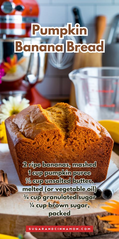 Indulge in the delightful fusion of flavors with this Pumpkin Banana Bread! 🍌🎃 This easy recipe combines moist banana bread with warm pumpkin spices, perfect for cozy fall mornings or afternoon treats. Discover the secret to making it extra fluffy! Save this pin to bake later! Pumpkin Banana Bread Food Dolls, Pumpkin Banana Dessert, Easy Pumpkin Banana Bread, Spiced Banana Bread Recipe, Pumpkin Banana Recipes, Banana Pumpkin Bread Recipe, Pumpkin Spice Bread Recipe, Stove Top Bread Recipe, Peanut Butter Banana Bread Recipe