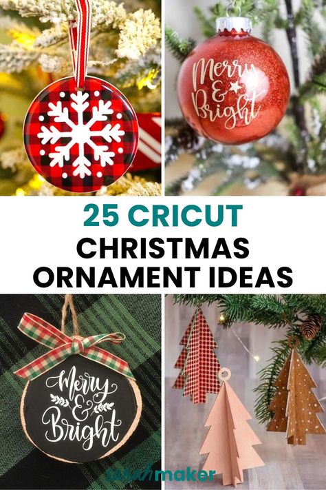 Are you looking for some Cricut Christmas ornaments to make this year? Here are 25 creative ideas and tutorials for making DIY Christmas ornaments with a Cricut. Dive into the post to see the complete list of amazing Cricut ornament projects and Christmas crafts. How To Make Ornaments With Cricut, Ornaments Made With Cricut, Cricket Christmas Ornament Ideas, Shaker Ornaments Diy, Acrylic Christmas Ornaments Diy, Cricut Projects Christmas Ornaments, Diy Name Ornaments Christmas, Cricut Christmas Ornaments Ideas, Flat Ornament Ideas