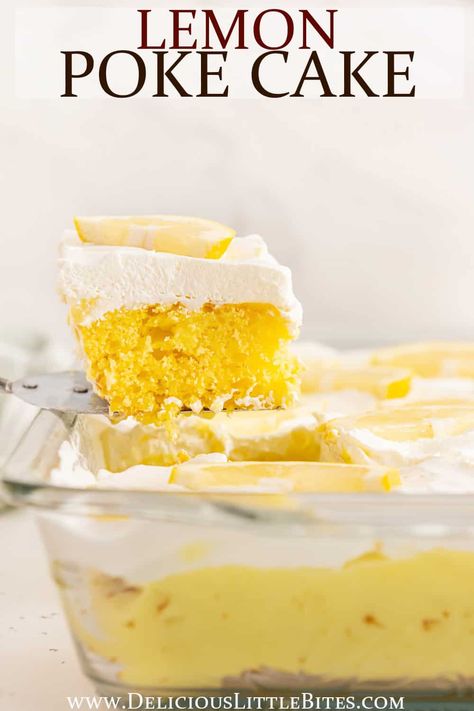 Soft, sweet and super moist, Lemon Poke Cake is an easy, bright dessert to make. It starts with boxed cake mix, while lemon pudding adds additional citrusy lemon flavor as well as delightful texture. Finish it off with a layer of fluffy Cool Whip for a simply summer dessert everyone is sure to love! Lemon Dessert Recipes Easy, Lemon Poke Cake, Lemon Cake Mix Recipe, Lemon Desserts Easy, Poke Cake Lemon, Box Lemon Cake, Pudding Poke Cake, Recipes Using Cake Mix, Lemon Pudding Cake