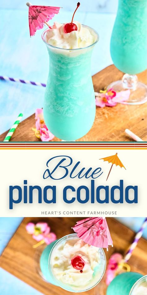 This frozen cocktail is perfect for poolside sipping when you're craving something colorful and sweet with tropical flavors. It's easy to make and everyone will love it! Blue Pina Colada, Country Cocktails, Frozen Cocktail, Pina Colada Recipe, Iced Drinks Recipes, Cocktail Drinks Alcoholic, 15 Birthday, Mixed Drinks Alcohol, Yummy Alcoholic Drinks