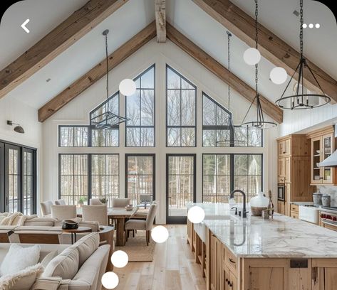 Barndominium Design Ideas, Ranch Style Interior, Aesthetics House, Open Living Room And Kitchen, Cabin Great Room, Farmhouse Decoration Ideas, Vaulted Ceiling Kitchen, Diy Farmhouse Ideas, Barndominium Interior