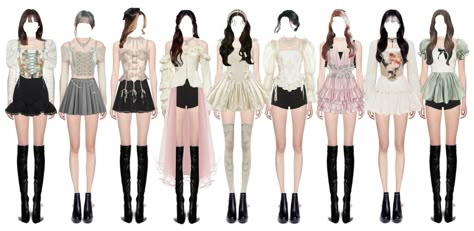 Kpop Stage Outfits Ideas 8 Members, Stage Outfits 9 Members, 9 Member Girl Group Outfits, Virgo Outfits, Kpop Shifting, Bff Matching Outfits, Korean Fashion Kpop Inspired Outfits, Korean Outfits Kpop, Kpop Fits