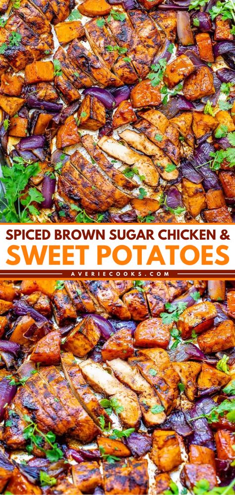 This sweet and spicy brown sugar chicken recipe is an easy meal idea! Thanks to a chili and brown sugar spice rub, this baked chicken and sweet potatoes is loaded with layers of flavor. You'll love this sheet pan dinner! Chili Honey Chicken And Sweet Potatoes, Sweet Chili Dinner Recipes, Honey Roasted Chicken And Sweet Potatoes, Dinner Recipe With Sweet Potatoes, Chicken And Beans Recipe Healthy, Chicken And Baked Beans, Roasted Sweet Potato Dinner, Sweet Potato Chicken Sheet Pan Dinner, Easy Healthy Dinner Sweet Potato