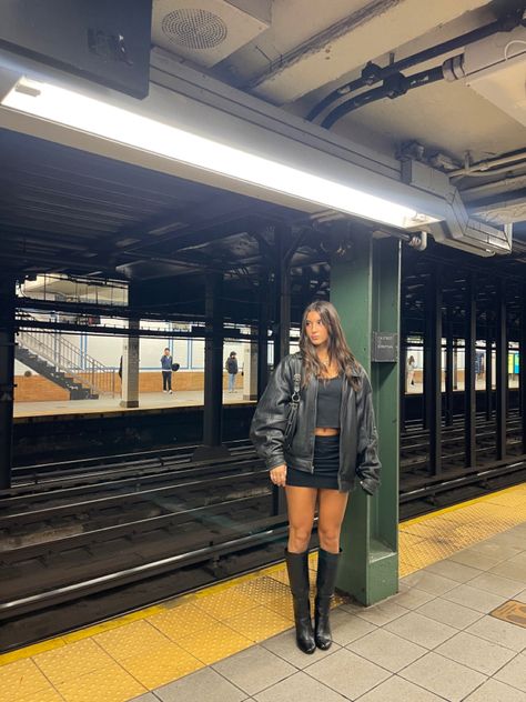 ny all black fit, train station pics, aesthetic, photoshoot, leather jacket, high black boots Train Station Pics, Train Track Photoshoot Aesthetic, Train Ride Outfit, Photoshoot Leather Jacket, Train Station Photoshoot, Train Station Aesthetic, Train Photoshoot, Fit Pictures, All Black Fit