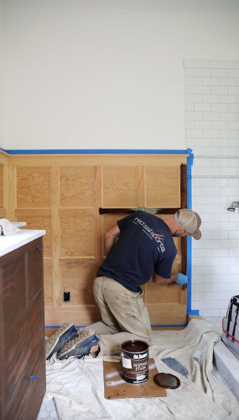 Finishing the Bathroom Millwork — The Grit and Polish Bathroom Millwork, Bathroom Wainscot, Unlacquered Brass Hardware, The Grit And Polish, Grit And Polish, Cottage Floor Plan, Wood Wainscoting, Diy Wood Stain, Wainscoting Bathroom