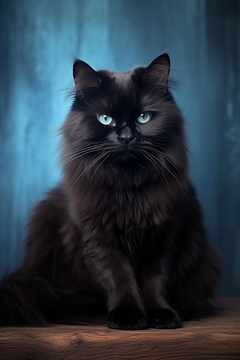 A black cat with arched back and raised fur, displaying a powerful and protective stance, ready to defend its territory. Black Cat Elegant, Black Cat Photography, Black Fluffy Cat, Samoan Art, Yule Cat, Fluffy Black Cat, Dog Background, Black Cat Aesthetic, Cat With Blue Eyes