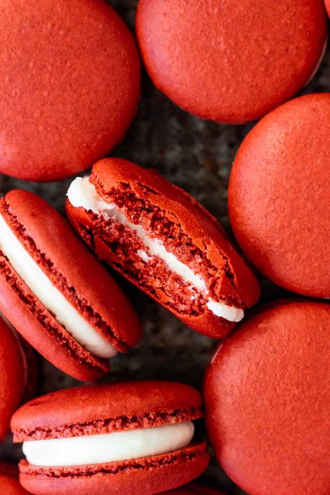 Red Velvet Macarons Red Velvet Cookie Sandwich, Vermillion Aesthetic, Red And White Aesthetic, Moodboard Red, Red Velvet Macarons, Red Moodboard, Avocado Shake, Fluffy Cream Cheese Frosting, Red Stuff