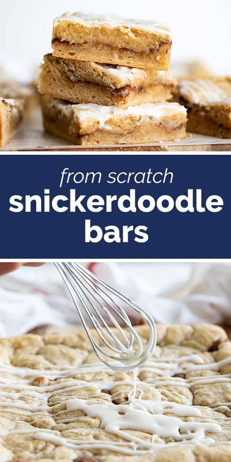 These Snickerdoodle Bars have two homemade layers with a cinnamon sugar layer in between. They taste like your favorite snickerdoodle cookies in bar form! Finish them off with a simple glaze for that extra touch. #cookiebar #dessert #snickerdoodle #cinnamon Easy Bars, Snickerdoodle Bars, Powdered Sugar Icing, Taste And Tell, Snickerdoodle Cookies, Sugar Icing, Rice Crispy Treats, Cookie Bar Recipes, Crispy Treats