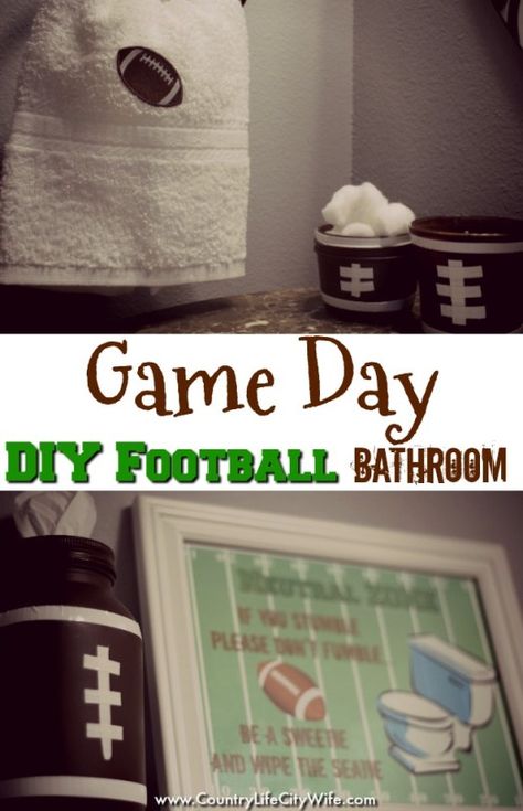 It's almost Game Day! Score with this super easy DIY football bathroom décor & free printable! #ad #MegaGame Football Bathroom Decor, Survival Hacks Diy, Football Bathroom, Kids Sports Crafts, Soap Dispenser Diy, Sports Bathroom, Boys Bathroom Ideas, Upcycle Crafts, Football Diy