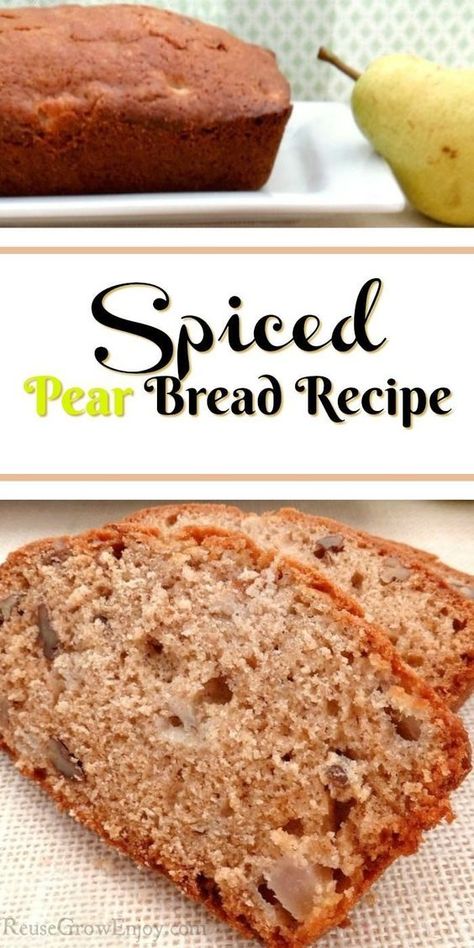 Pears are one of the fruits I think get left out in all the fall baking. But they really are wonderful fall treat! This spiced pear bread recipe will have you coming back for more! Pear Spice Bread, Pear Bread Recipes, Pear Quick Bread, Pear Loaf, Pear Recipes Easy, Pear Dessert Recipes, Pear Bread, Fall Favorites Recipes, Pear Butter