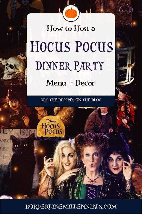 Hocus Pocus Party Food Ideas, Hocus Pocus Dinner Party, Hocus Pocus Themed Food, Hocus Pocus Dinner, Hocus Pocus Party Food, Themes Dinner Nights, Theme Dinners Ideas, Halloween Dinner Party Food, Hocus Pocus Party Decoration