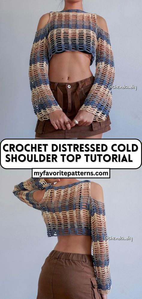 Crochet Distressed Cold Shoulder Top Tutorial Crochet Bell Sleeve Wrap Top, Crochet 2 Weight Yarn, Crochet Tops With Long Sleeves, Unique Crochet Clothing Patterns, Crochet Distressed Top Pattern, Crochet Top And Skirt Pattern, Y2k Crochet Top Pattern Free, Crochet Top Women, Cold Shoulder Crochet Top