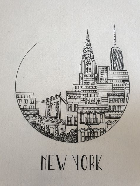 Nyc Skyline Sketch, New York City Drawing Easy, How To Draw New York, New York City Doodles, New York Sketch Easy, New York Drawing Sketches, New York Sketches, New York Embroidery, New York Art Drawing