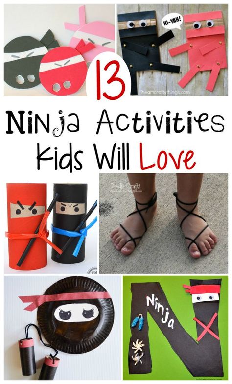 Ninja Crafts and Activities for Kids | Crafts and activities for boys. TheMomCreative.com #kidcrafts #boycrafts Ninja Games For Kids, Karate Crafts, Ninja Activities, Ninja Crafts, Ninja Theme, Ninjago Birthday Party, Camping Activities For Kids, Ninja Birthday Parties, Ninjago Birthday