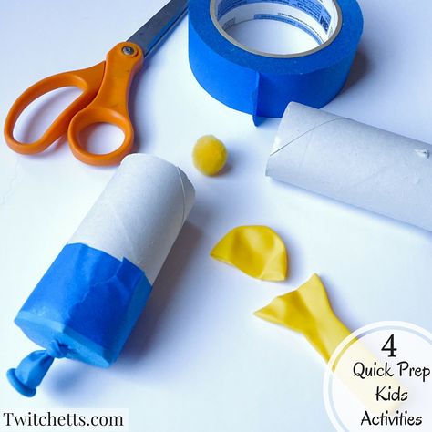 Here are 4 quick prep kids activities. With limited supplies you can get these together in no time! Toilet Paper Roll Ball Poppers. made with tape, balloons, and tp rolls. Crafting Activities, Christmas Corner, Happy Child, Diy Toilet, Kids Science, Science Ideas, Golden Birthday, Indoor Fun, Kids Games