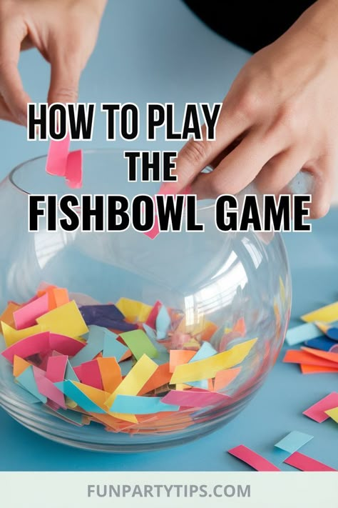 Wave goodbye to the hassle of game night planning with the Fishbowl Game, a fantastic choice for family fun night that caters to both kids and adults. Whether you're entertaining a small group or a large crowd, this game hits the mark with its simplicity and hilarious rounds. Part charades, part Taboo, & part No equipment? No problem! All you need is paper and pencil for this easy, engaging fun group game. Make your next family night one for the books, with no supplies required! Group Activity Games, Fishbowl Game, Family Game Night Ideas, Family Games To Play, Fun Games For Adults, Easy Party Games, Fun Holiday Games, Large Group Games, Hidden Games