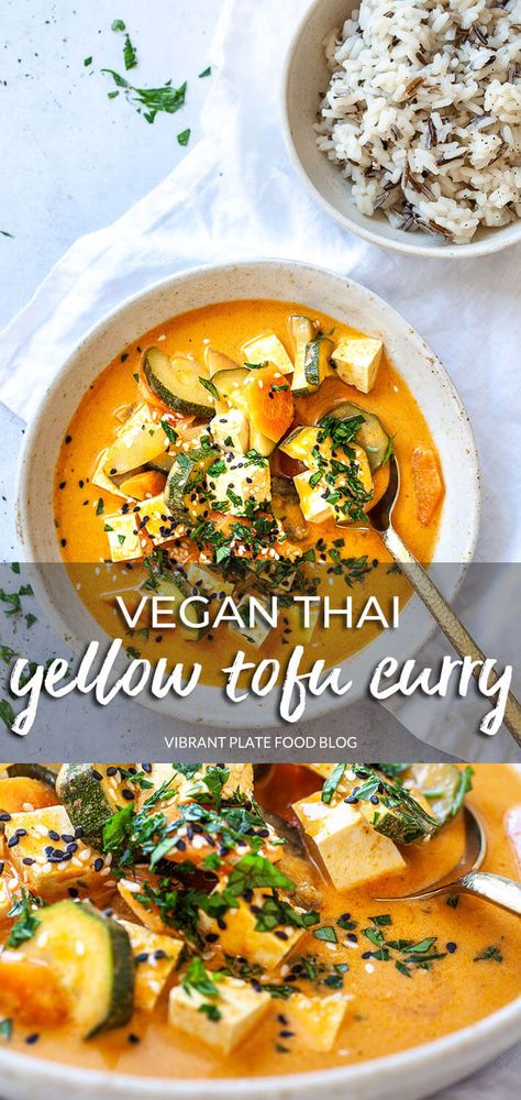 A Thai inspired Vegan Yellow Tofu Curry is ready on the table in less than 30-minutes! Super easy and delicious. Thai Curry Recipes Vegetarian, Vegan Yellow Curry, Curry Chickpeas, Yellow Curry Recipe, Curry Tofu, Thai Yellow Curry, Thai Curry Recipes, Curry Recipes Vegetarian, Vegan Curry Recipes