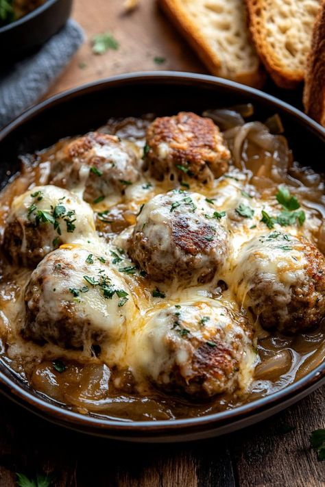 Dutch Meatballs, French Onion Meatballs, French Onion Meatballs Recipe, Pizza In A Mug, Meatball Sandwich Recipes, Protein Meats, Cheesy Meatballs, Cheese Stuffed Meatballs, Dinner Recipes Crockpot