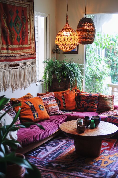 Transform your living room decor with a boho vibe! Featuring vibrant cushions, cozy rugs, and lush greenery, this space brings warmth and style any corner. Perfect for creating a cozy ambiance. #BohoLiving #HomeDecor #LivingRoomDecor 🌸🛋️ Floor Pillows Living Room Ideas, Neo Soul Living Room, Simple Eclectic Living Room, Bold Boho Living Room, Modern Hippie Living Room, Cozy Hippie Living Room, Vintage Maximalism Living Room, Cozy Den Ideas, Cozy Maximalist Living Room