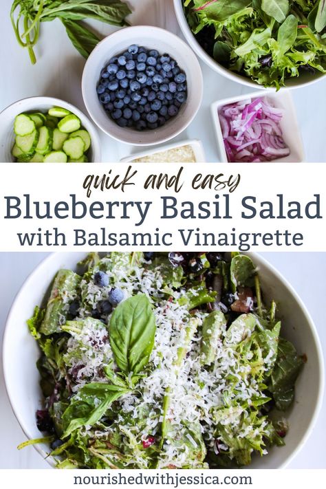 This Easy Blueberry Basil Salad with Balsamic Vinaigrette is the perfect summer salad. This healthy and vibrant salad combines fresh blueberries, basil, and parmesan cheese with a homemade balsamic dressing. It's a quick and delicious recipe that’s full of flavor and perfect for any summer meal. Whether you're looking for fresh ideas from the garden or a simple, healthy dish, this salad is sure to impress. Blueberry Salad Recipes, Homemade Balsamic Dressing, Salad With Balsamic Vinaigrette, Blueberry Basil, Basil Salad, Blueberry Salad, Flavor Combinations, Easy Salad, Easy Blueberry