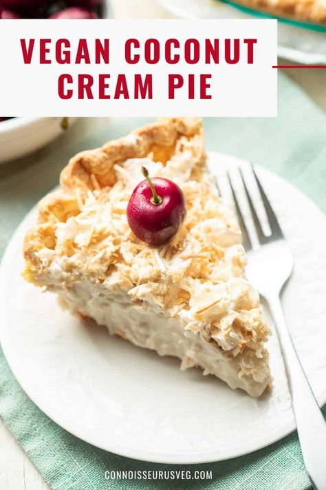 This vegan coconut cream pie is filled with luscious layer of coconut pudding covered in dairy-free whipped cream and toasted coconut. A decadent dessert that nobody would guess was eggless and dairy-free! Vegan Coconut Cream Pie, Vegan Coconut Cream, Homemade Snack Bars, Coconut Creme Pie, Dairy Free Whipped Cream, Vegan Pies Recipes, Cream Pie Filling, Coconut Cream Pie Recipes, Vegan Frosting