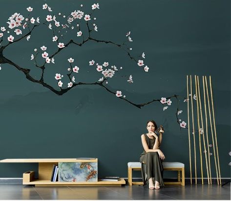 Chinoiserie Hanging Cherry Blossom Branch Flowers Wallpaper Wall Mural, Emerald Green Background Cherry Branch Wall Mural Blossom Wall Mural, Cherry Blossom Wall Mural, Blossom Mural, Creative Wall Painting Ideas, Weird Wallpaper, Cherry Blossom Bedroom, Tree Wall Painting, Paint Room, Cherry Branch