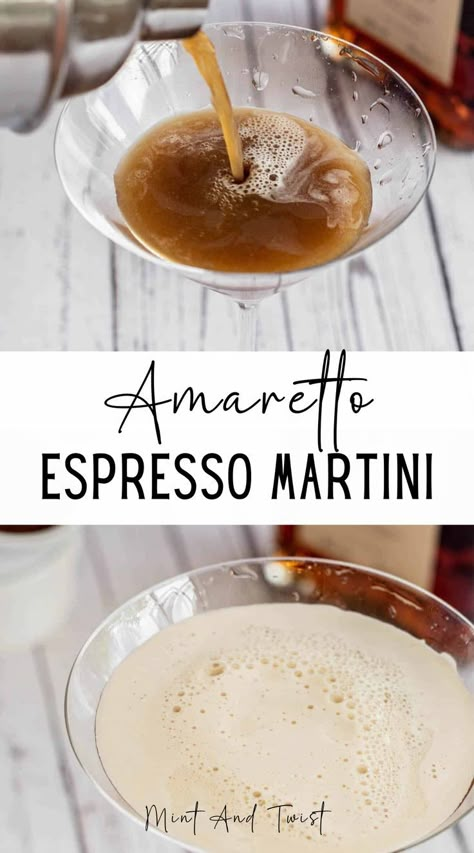 This amaretto espresso martini is a delicious and sophisticated cocktail. It combines the rich flavor of espresso with the sweet almond flavor of amaretto liqueur. A classic espresso martini is made with espresso, vodka, and a sweetener like simple syrup or coffee liqeuer. It’s a popular cocktail often served as an after-dinner drink or pick-me-up. This amaretto espresso martini uses sweet amaretto liqueur which is a beautiful combination with coffee. Cocktails With Amaretto, Drinks With Amaretto, Frangelico Cocktail, Espresso Martini Party, Expresso Martinis, Martini Recipes Classic, Amaretto Drinks Recipes, Amaretto Cocktails, Almond Cocktails