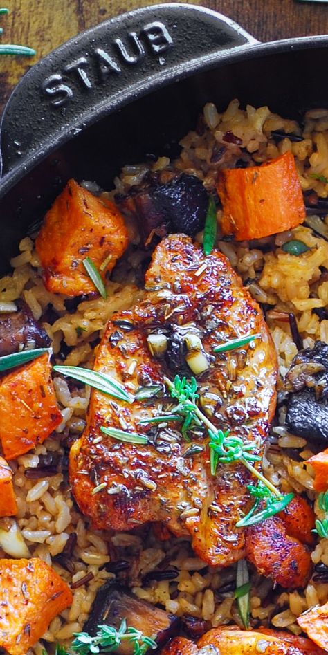 Chicken and Wild Rice with Sweet Potatoes and Mushrooms in a cast iron skillet. Easy Dinner Recipes Veggies, Easy Dinner Recipes With Mushrooms, Chicken Autumn Recipes, On Budget Meals Recipes, Easy Home Dinner Recipes, Low Gluten Meals, Wild Rice And Sweet Potato Recipes, Meat Veggie Starch Dinner, Easy Weekday Meals Dinners