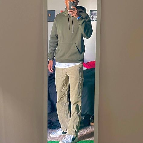 White t shirt with oversized olive green sweatshirt and Nike blazers Olive Cargo Outfit, Cream Cargos Men, Olive Green Hoodie Outfit Men, Blazer High Tops Outfit, Olive Green Cargo Pants Outfit Men, Tan Cargo Pants Outfit Men, Green Sweatshirt Outfit Men, Olive Green Hoodie Outfit, Olive Cargo Pants Outfit Men