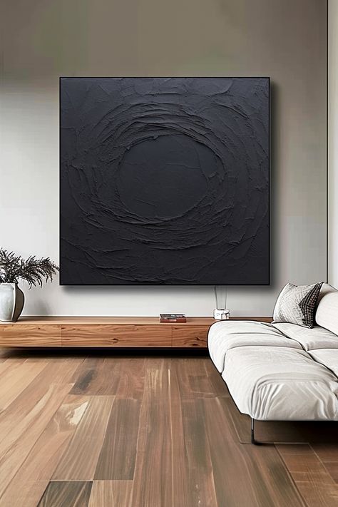 Original black textured abstract painting with circular brush strokes and heavy texture, handmade acrylic on canvas Unique Abstract Art, Textured Abstract Painting, Modern Minimalist Decor, Black Wall Art, Handmade Artwork, Black Textures, Rich Textures, Minimalist Decor, Texture Art