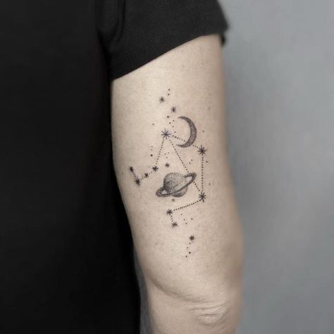 Libra constellation map with planet moon and star back of arm tattoo Libra Sun And Moon Tattoo, Libra Moon Tattoo, Libra Tattoo Ideas, Libra Flower, Libra Constellation Tattoo, Tattoo Ideas With Meaning, Meaning Art, Libra Symbol, Saturn Tattoo