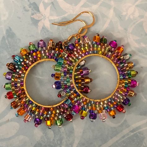 Dangle Hoop Earrings Bright Multicolored Jeweltone Seed Bead Earrings - Etsy Hoop Earrings Diy, Seed Bead Jewelry Patterns, Dangle Hoop Earrings, Earrings Diy, Lightweight Earrings, Beaded Hoop Earrings, Beaded Hoops, Pearl Earrings Dangle, Seed Bead Earrings