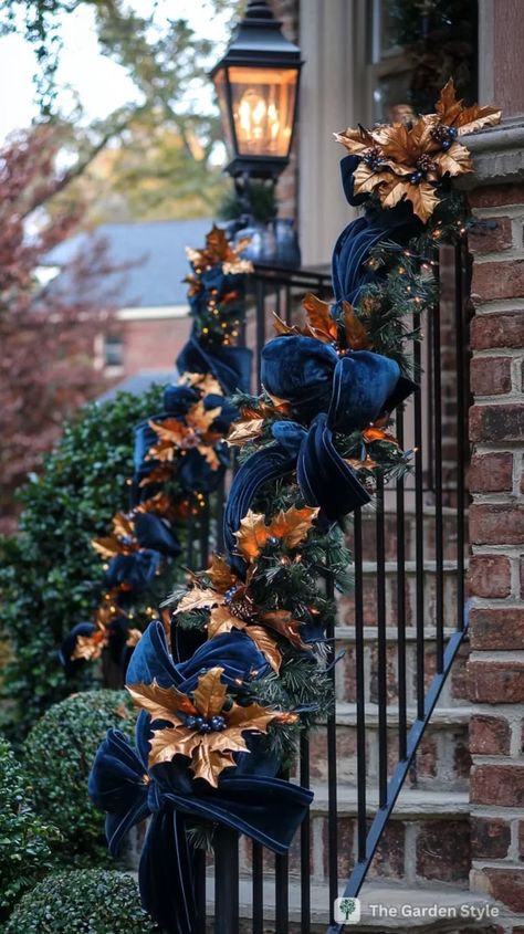 40 Inspiring Blue Christmas Decorations - The Garden Style Blue Christmas Aesthetic, Mantle Decorating Ideas Farmhouse, Blue Christmas Decor Ideas, Velvet Wreath, Blue Christmas Decorations, Mantle Decorating Ideas, Blue Velvet Ribbon, Best Christmas Trees, Mantle Decorating