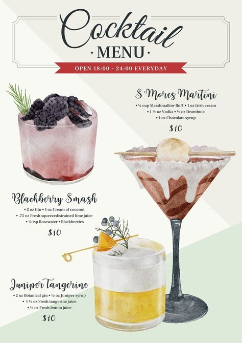 Free, printable custom drink menu templates | Canva Menu Signage, Df Recipes, Tangerine Juice, Cocktail Illustration, Cocktails Sign, Signature Drinks Sign, Cocktails Bar, Word Free, Drink Signs