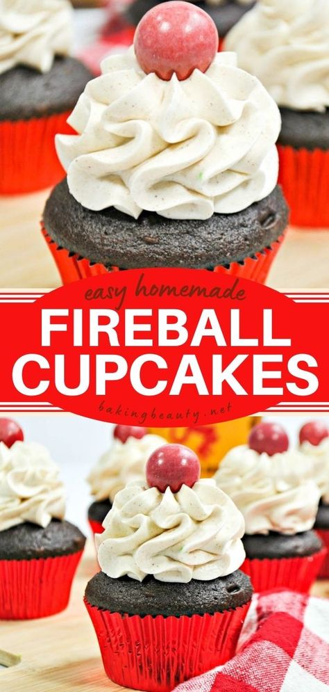 Fireball Cupcakes, easy father's day recipes, easy desserts to impress, cupcake ideas Cupcakes For Guys Birthday, Easy Boozy Cakes, Guy Cupcakes Ideas, Fire Ball Cupcakes, Chocolate Alcohol Cake, Boozy Red Velvet Cupcakes, Boozy Chocolate Cupcakes, Fireball Cupcakes Recipe, Boozie Cupcakes