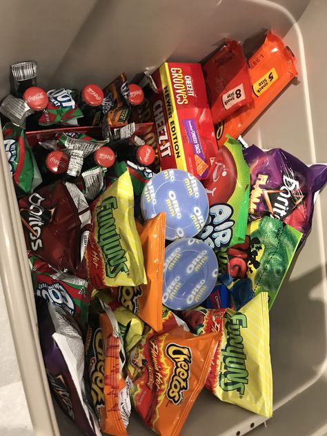 Snack Bin For Room, Work Snack Drawer, Snack Bucket Ideas, Prom Sleepover, Snack Drawer In Bedroom, Snack Closet, Snack Restock, Snack Carts, Snack Business