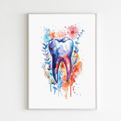 Floral Tooth Art Print, Watercolor Dental Office Decor, Dentist Gift for Dental Assistant, Human Anatomy Art With Flowers Tooth Art Painting, Dentist Art Painting, Dentist Painting, Tooth Watercolor, Dentist Cartoon, Tooth Art, Dental Wallpaper, Art With Flowers, Dentist Art