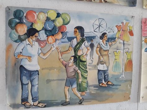 Watercolour Memory Drawing, Ballon Seller Memory Drawing, Balloon Seller Memory Drawing, Fair Scene Drawing, Book Fair Drawing, Balloon Seller Drawing, Market Scene Drawing Easy, Memory Drawing For Intermediate, Subject Drawing