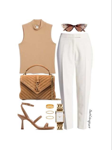 Beige Top White Pants, Trouser And Sandals Outfit, Beige Sleeveless Turtleneck Outfit, Beige Top Outfit Ideas, Beige Turtle Neck Outfit, White And Brown Outfits For Women, Beige Handbag Outfit, Beige And White Outfits For Women, Turtle Neck Sleeveless Outfit